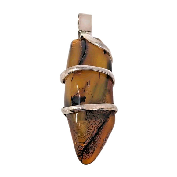 Artisan Wrapped Pendant Amber Color Stone 1.75 Inches Long Silver Tone Boho - Picture 1 of 3